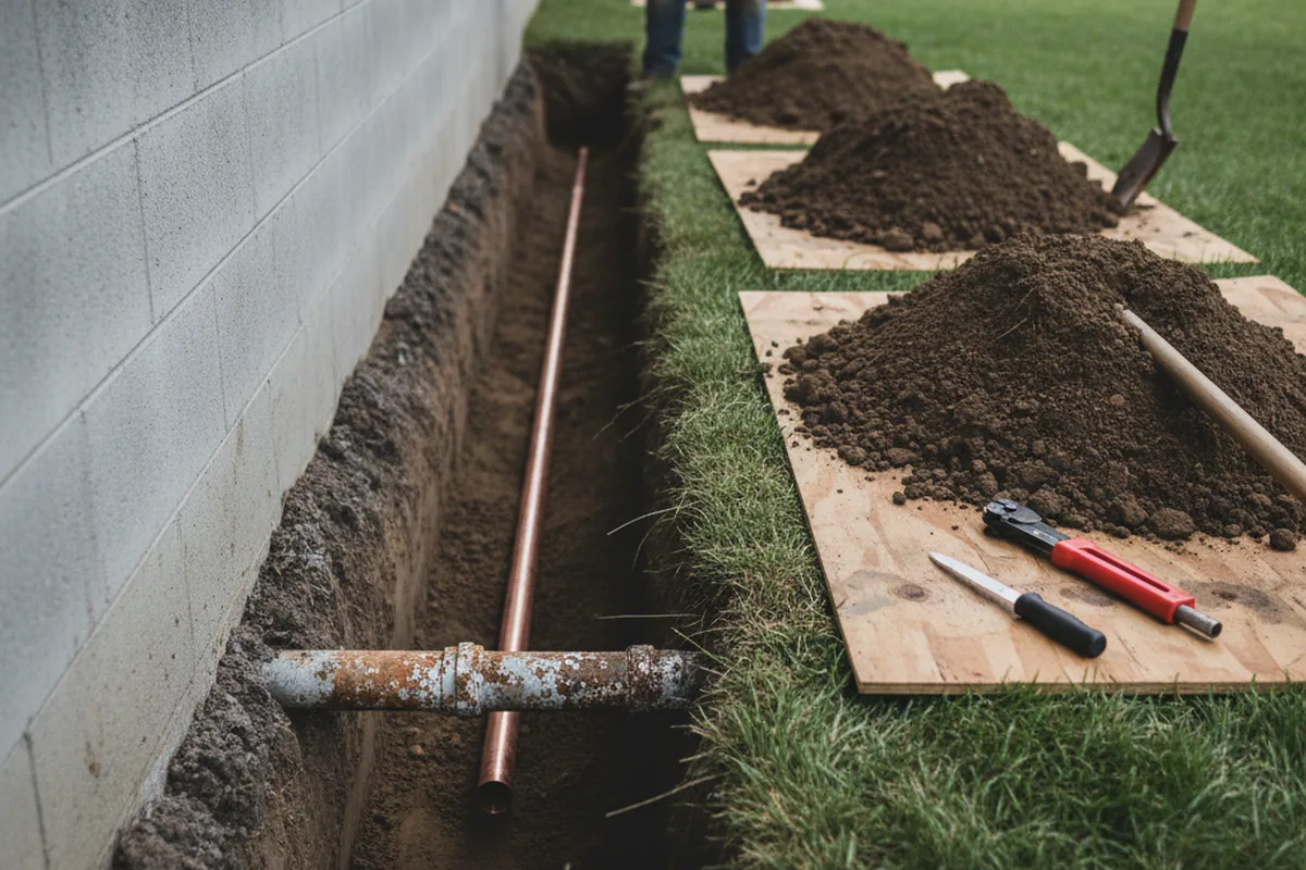 Excavated water line trench during Water Softener Installation in Redwood Valley
